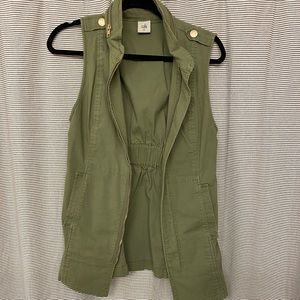 Olive green long length vest with gold buttons